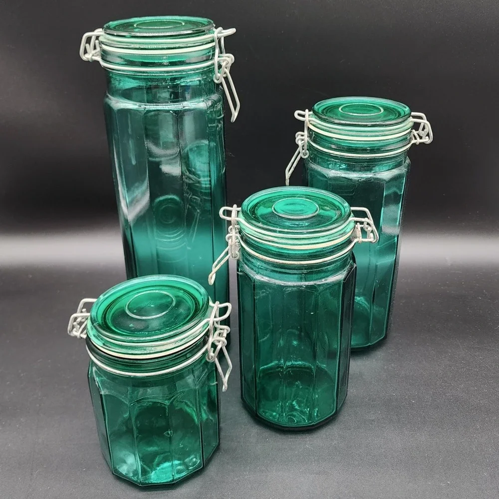 Unbranded Set of 4 Green Glass Octagonal Canisters Wire Bail Lids Vintage Style